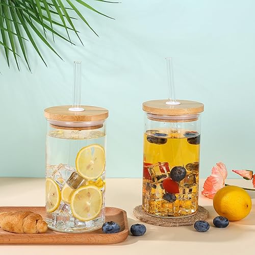 Miniatura 7 de 6 vasos de vidrio con tapas y pajitas de bambú, vasos reutilizables de boca ancha, adecuados para jugo, café helado, té, cerveza, whisky de cóctel