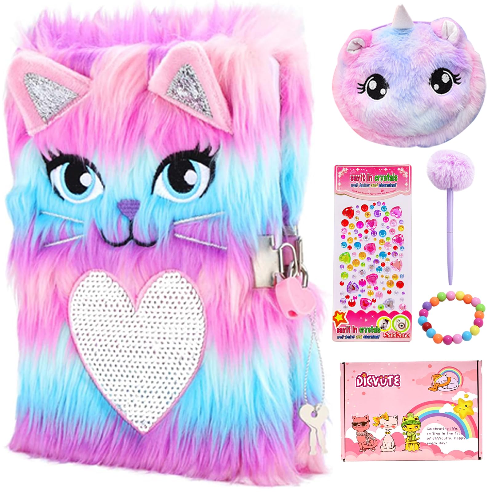 DICVUTE Dairy with Lock for Girls, Gift for 6 7 8-12 Years Old Girl Fuzzy Secret Notebook, Plush Journal Set with Coin Purse, Plush Pen, Bracelet and Stickers (Cute Long Haired Cat)
