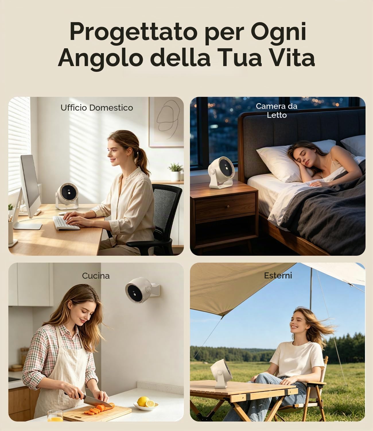 Ventilatore da Tavolo Portatile 4000mAh, 1-100 Velocità con LED Display, Silenzioso 30dB, 360° Regolabile, USB Type-C Ricaricabile – Per Ufficio, Camera, Campeggio, Sospendibile (Beige)