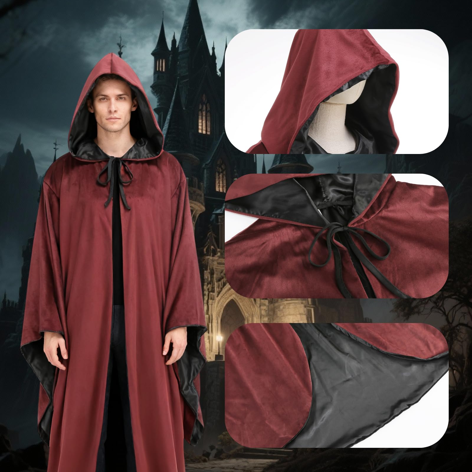 Reversible Adult Wizard Robe with Satin & Dutch Velvet Fabric,Double Sided Style Medieval Hooded Wizard Costume - Image 4