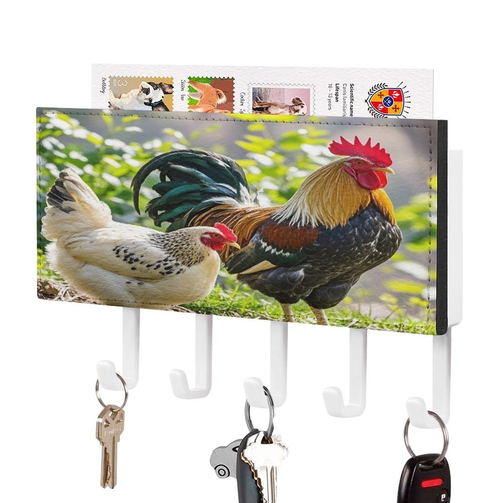 FekiLoot Rooster and Hen Key Holder Wall Mount Key and Mail Holder Key Hanger with 5 Hooks Decorative PU Key Rack Hanging Key Hooks for Wall Living Room Kitchen Bathroom Hallway White-Style