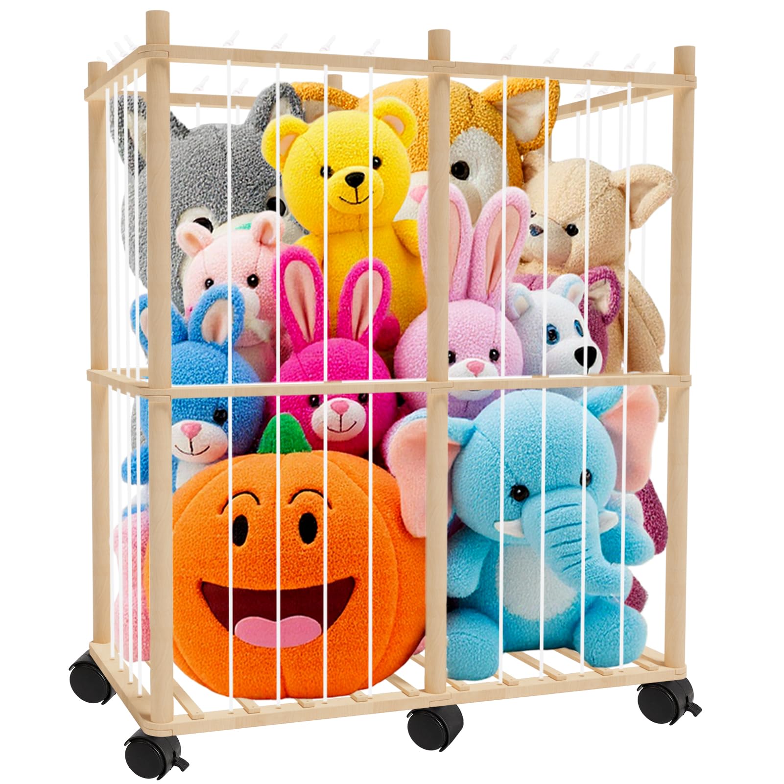 JinhzWin Stuffed Animal Storage Organizer, 36''H x 32''L x 16''W Large Wooden Toy Zoo Storage Organizer with Elastic Ropes, Space Saving Stuffed Animal Holder for Playroom Bedroom Living Room