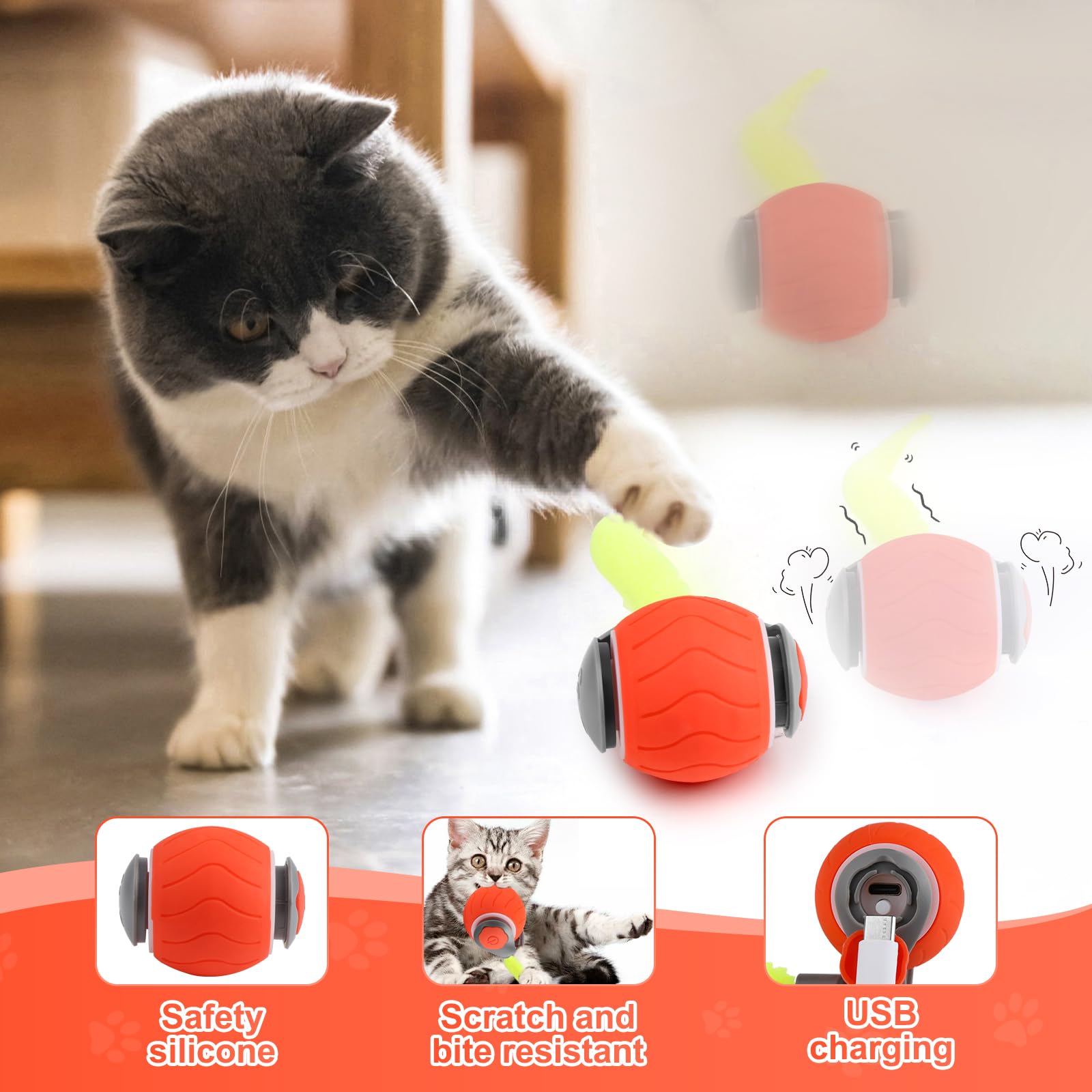 jwogngls Cat Toy Ball Electric Magic Ball Tail Dog 360° Intelligent Interactive Play Ball for Cats Interactive Dog Toy USB Rechargeable for Cats Dogs (Orange) - Image 3
