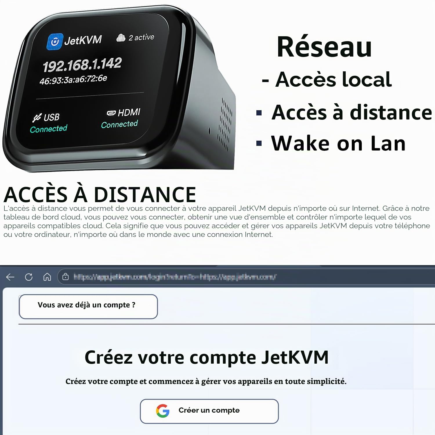 Jetkvm IP KVM ContrôLe à Distance PC, Jet KVM Over IP Ethernet avec écran LCD Tactile, Accès Bios Distant à Faible Latence Compatible Windows/Mac/Linux pour Serveurs, Bureaux Et Centres De Données