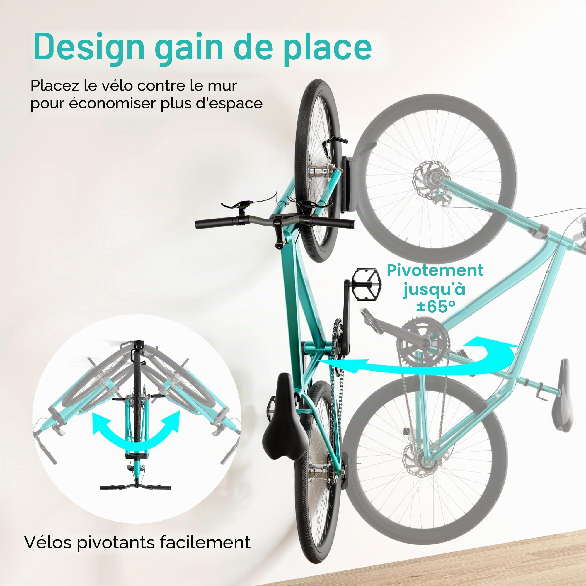 PEGZONE Support Mural Vélo Pivotant, 35 kg, 4 Pièce | Support Mural Vélo Réglable pour Garage, Gain de Place, Support Robuste, Noir