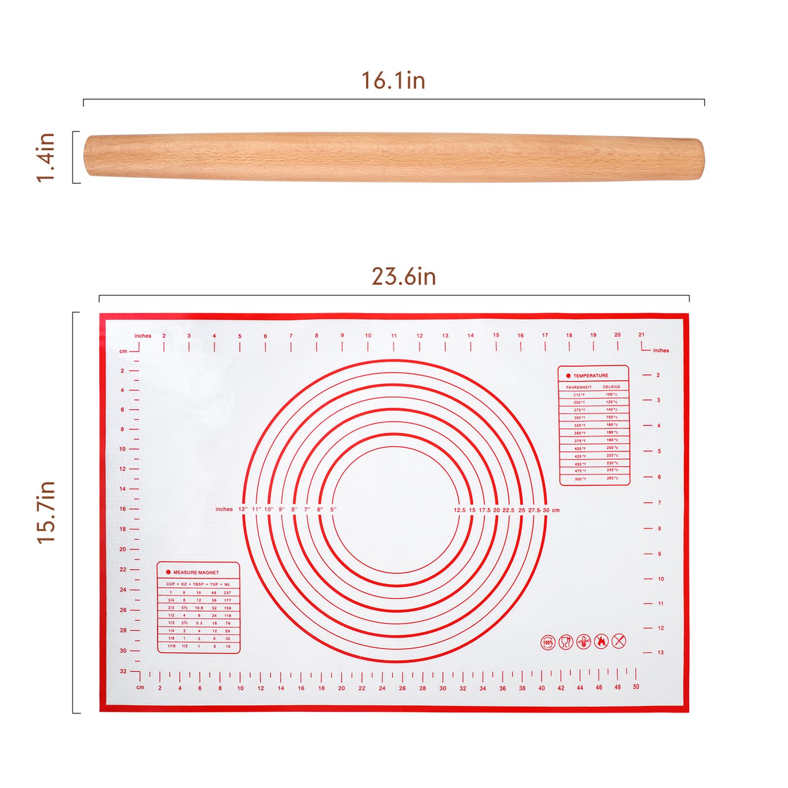 Quelance - Rodillo de madera francés con alfombrilla de silicona para hornear, madera de haya para hornear masa, pizza, pasteles, pastas, pastas y galletas