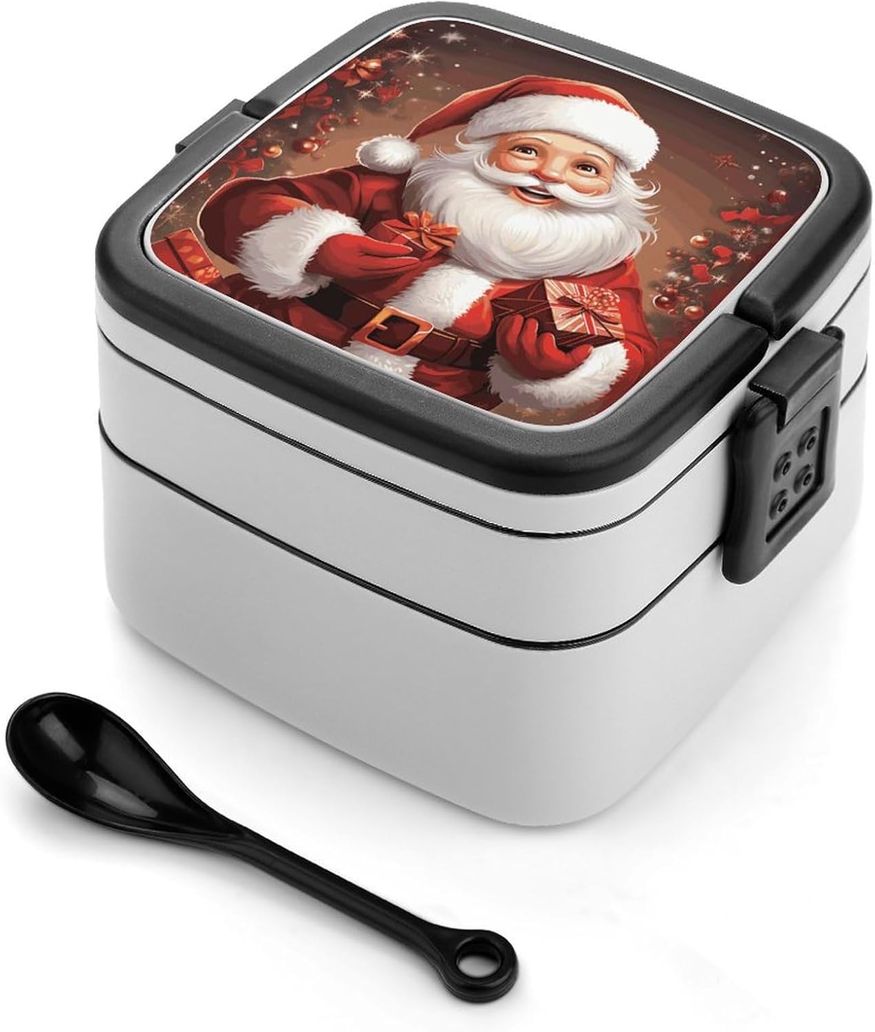 Bento Box with Spoon And Handle Santa Claus Xmas Gifts Printed Stackable Bento Box Portable Bento Lunch Box Container for Work Camping And Travel