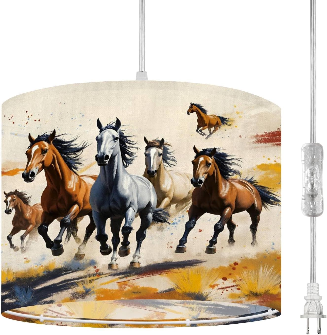 Plug in Pendant Light Western Desert House Animals Boho Wild Horses Flowing Manes Grass Hanging Light with Plug in Clear Cord Dimmable Switch Linen Shade Hanging Lamp Fixture for Bedroom Kitchen