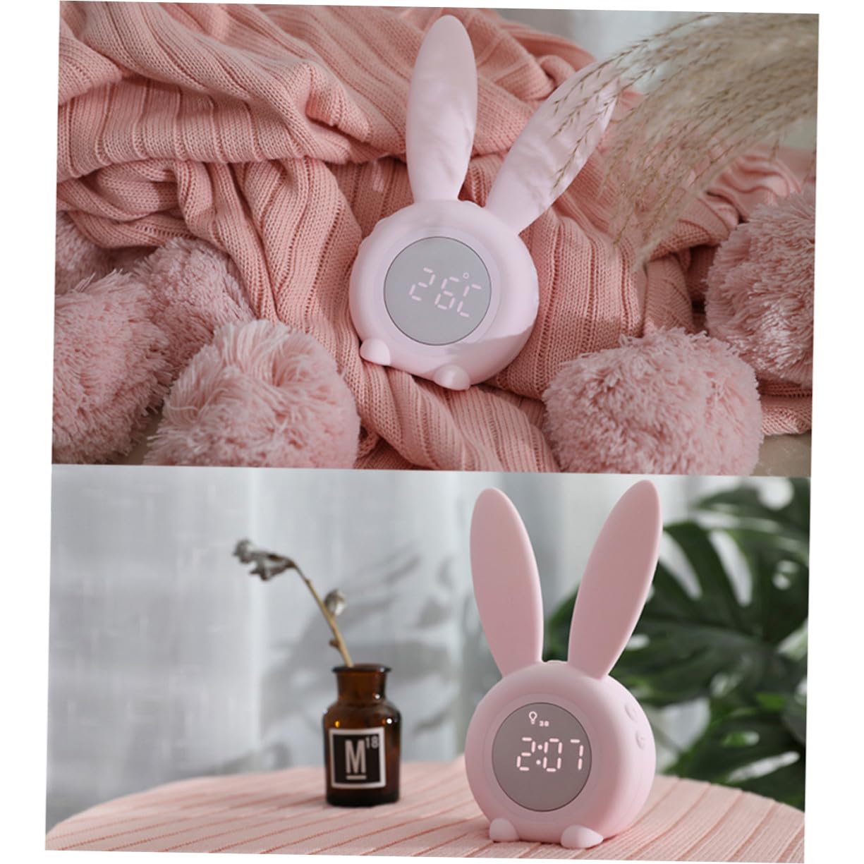 VALICLUD Reloj Despertador Infantil LED con Orejas de Conejo Recargable USB Magnético y Colgante Pequeño y Silencioso para Escritorio Color Rosa