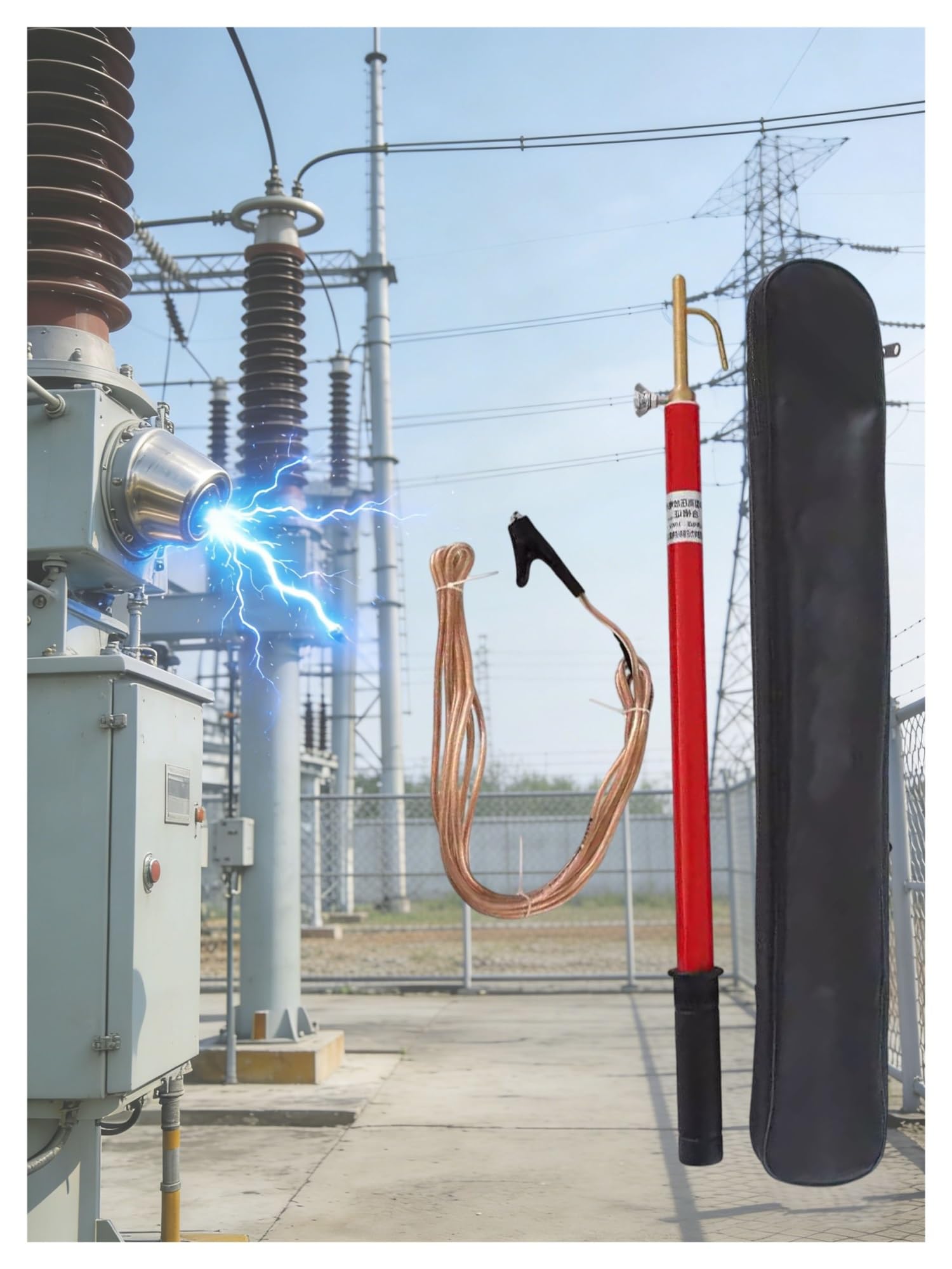 Barra de descarga de resina epoxi de alto voltaje con poste de seguridad plegable y abrazadera de alambre de conexión a tierra de cobre para mantenimiento eléctrico
