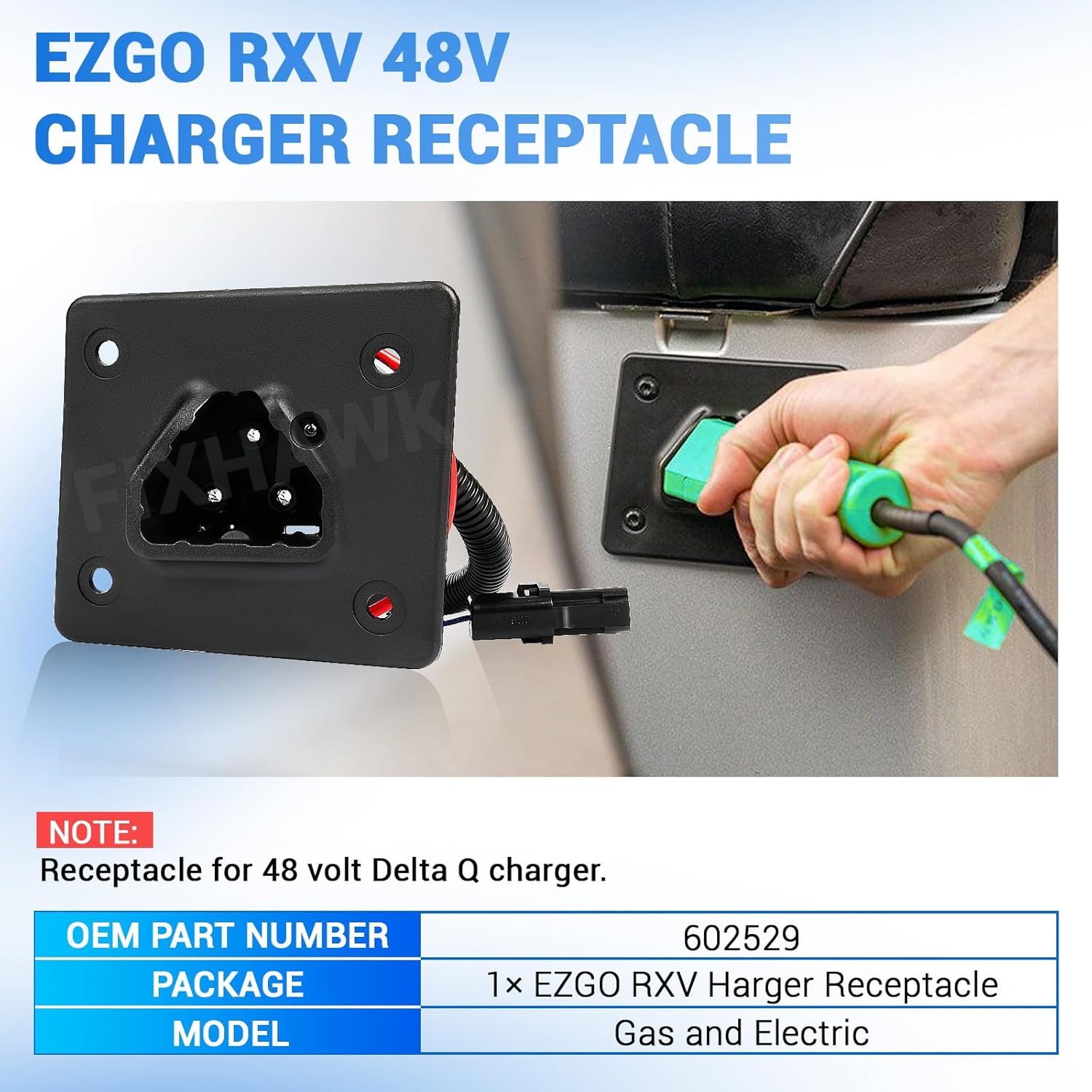 Golf Cart 48V Battery Charger Receptacle for EZGO RXV 2008-UP Electric and EZGO 2Five 2010-UP Delta-Q, EZGO Charging Port with Wires,Replace OEM# 604321,611219,602529