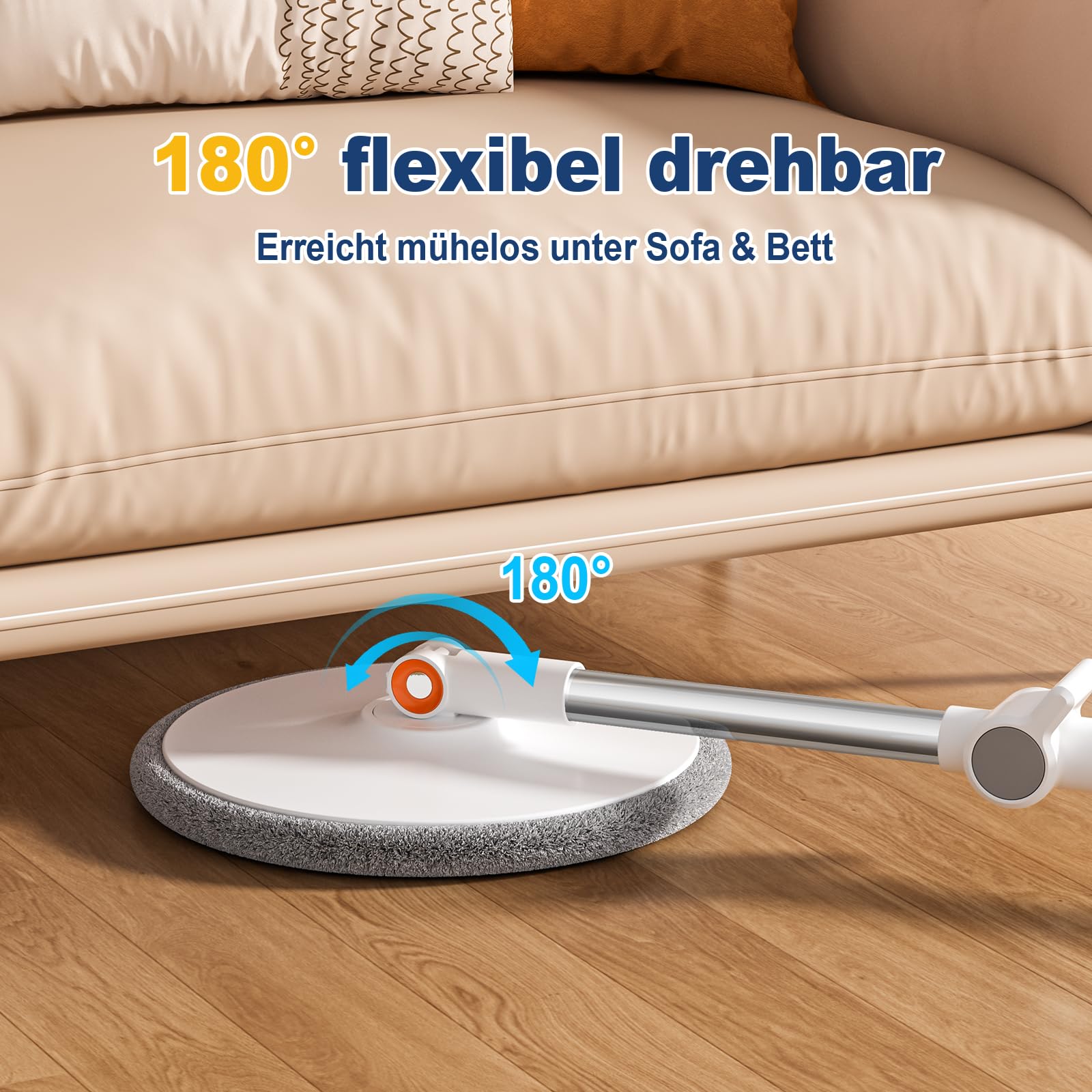 Wischmopp Set mit Eimer, Sprüh-Wischsystem mit Abstreifer, Kein Wischen im Schmutzwasser, 3 Moppköpfe (Flach, Rund, Dreieck), Wassersparend, 360° drehbar, für Laminat, Fliesen, Parkett, Küche & Bad