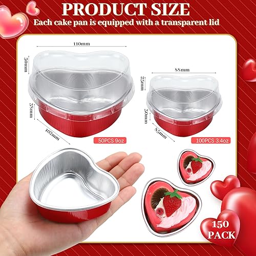 Miniatura 2 de Ziliny 150 juegos de moldes para pasteles en forma de corazón, de papel de aluminio, de 3.4 onzas y 9 onzas, mini moldes para pasteles con tapas,
