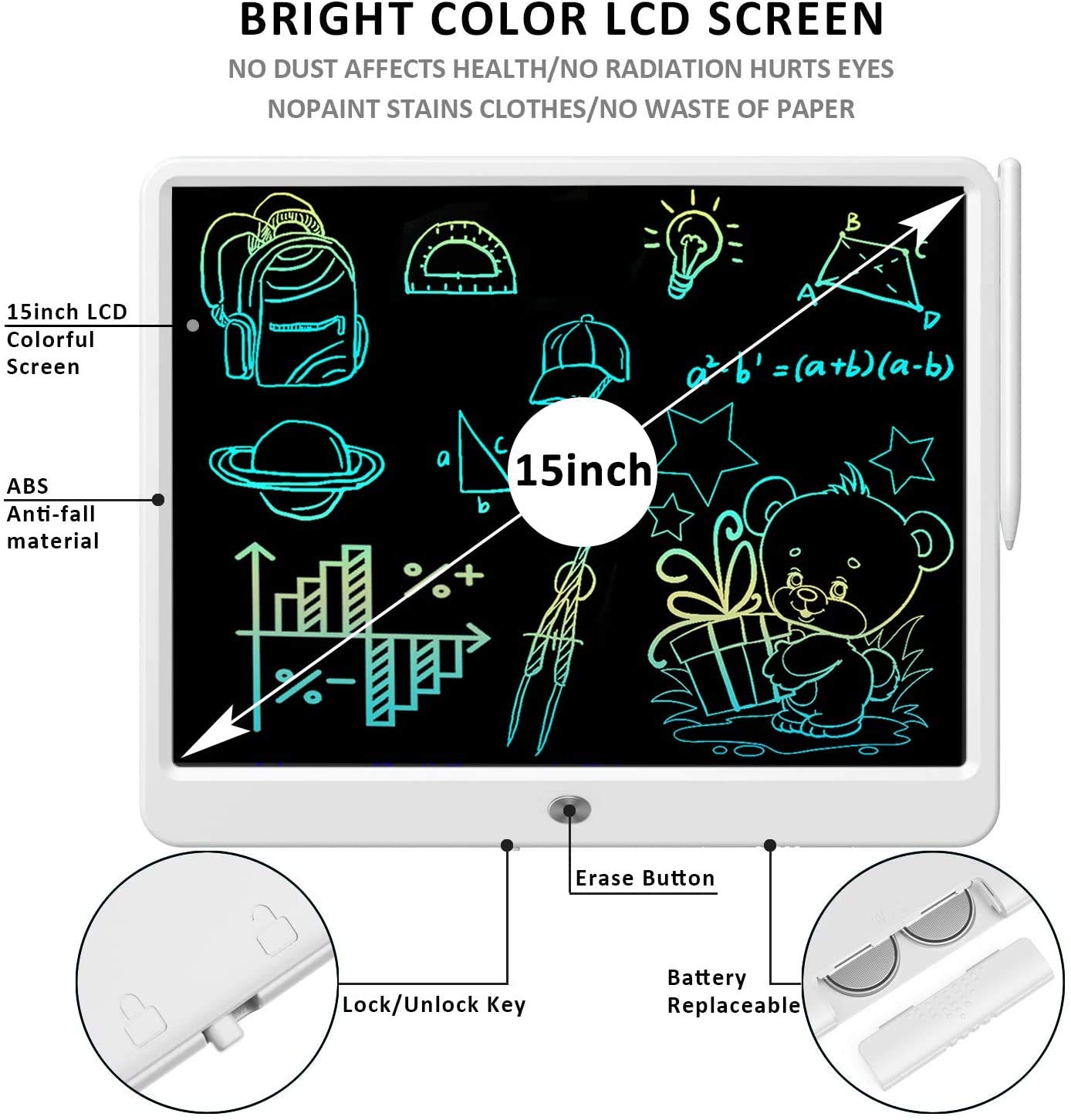 LCD Writing Tablet, Extra large 15 Inch, Colorful Writing, Erasable Electronic Digital Drawing Pad Doodle Board, Gift for Kids Adults Home School Office (White) — view 5