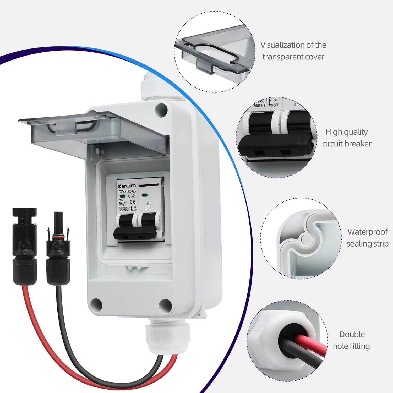 Solar Panel Disconnect Switch,30A 400V Miniature Circuit Breaker Box IP65 Waterproof AC/DC Disconnect Box for photovoltaic Solar Panel Grid-Connected Off-Grid System Home