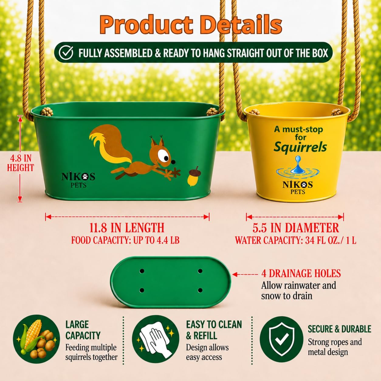 Squirrel Feeder and Waterer Set for Outside, Outdoor Hanging, Tree Feeder