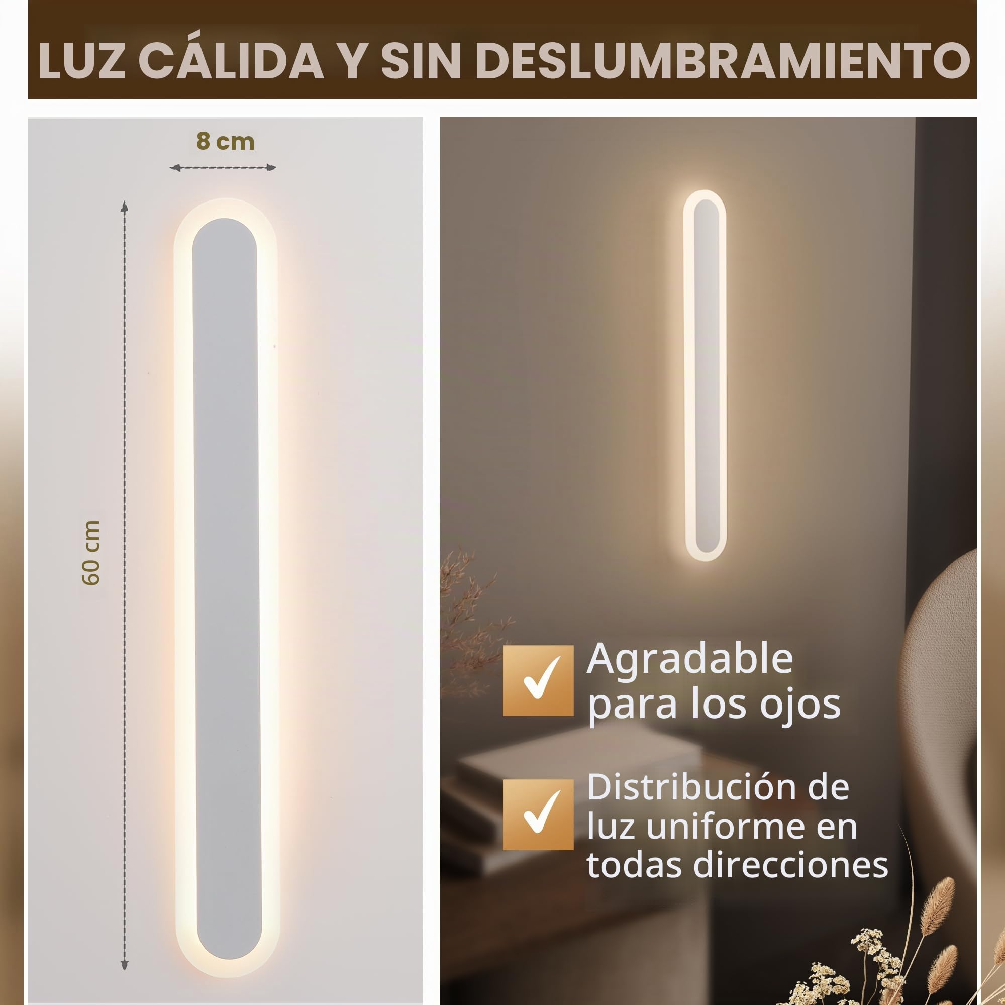 Aplique de pared LED para interiores - Pipe Light 60 cm, blanco, lámpara de pared delgada, lámpara de espejo para baño, iluminación de pared universal para baño, dormitorio, salón …