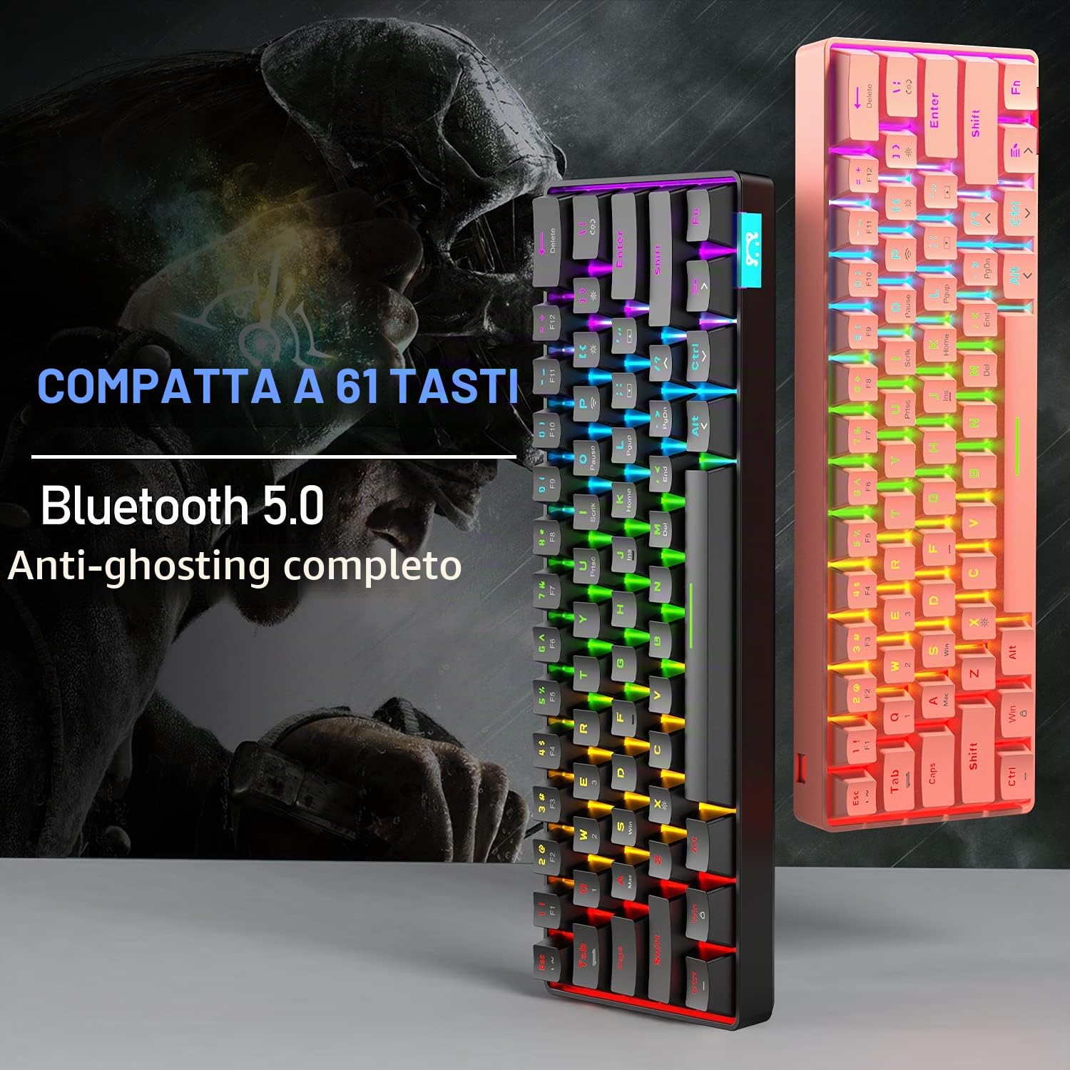 Tastiera meccanica al 60% con cavo / senza fili Tastiera Bluetooth 5.0 RGB Arcobaleno retroilluminato a LED USB Type-C Tastiera da gioco impermeabile Tasti anti-ghosting (interruttore marrone)