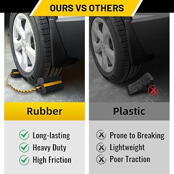 ROBLOCK 2 Pairs Wheel Chocks Heavy-Duty Rubber Wheel Block Non-Slip Base with Nylon Rope Yellow Reflective Tape - 4 Pack Wheel Stopper for Travel Trailers, Car, Camper, Truck, Black