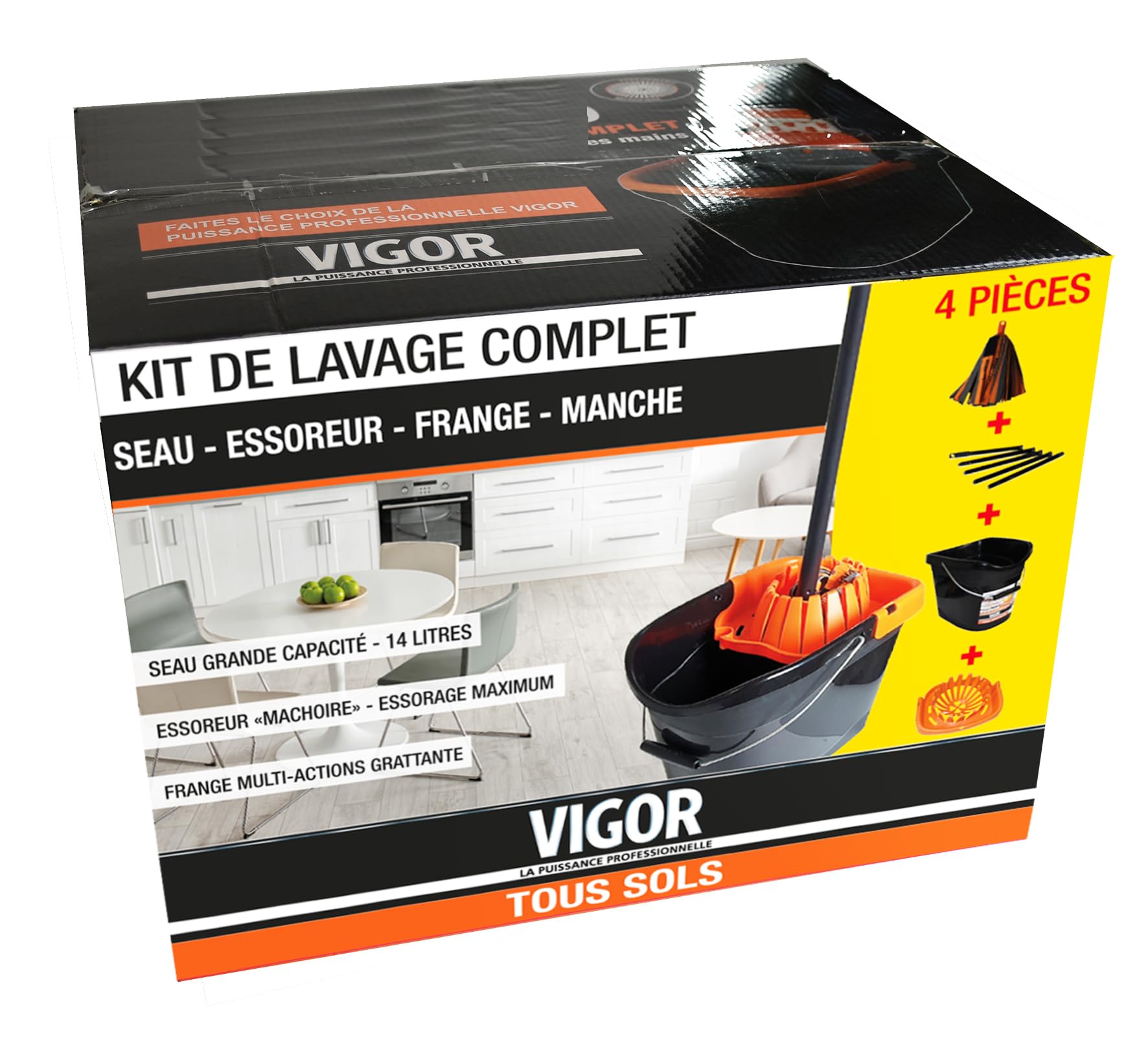 Vigor Kit Pulisci Pavimenti Con Frangia E Secchio 14L - Strizzatore Machoire, Manico Telescopico - 3