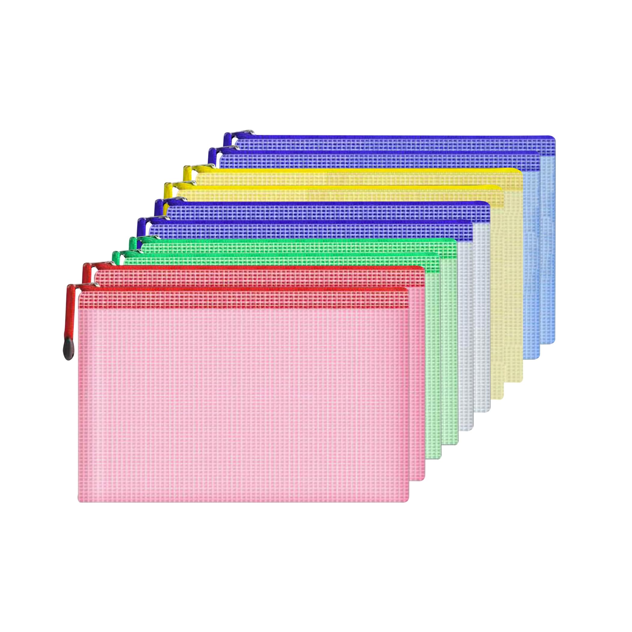 Mesh Document Bag Set of 10, Waterproof Zipper Pouch / A4 Size Zip File, for Household Daily Storage School Office M-D-2B (Multi-Colored, A5 (9.4×7.1