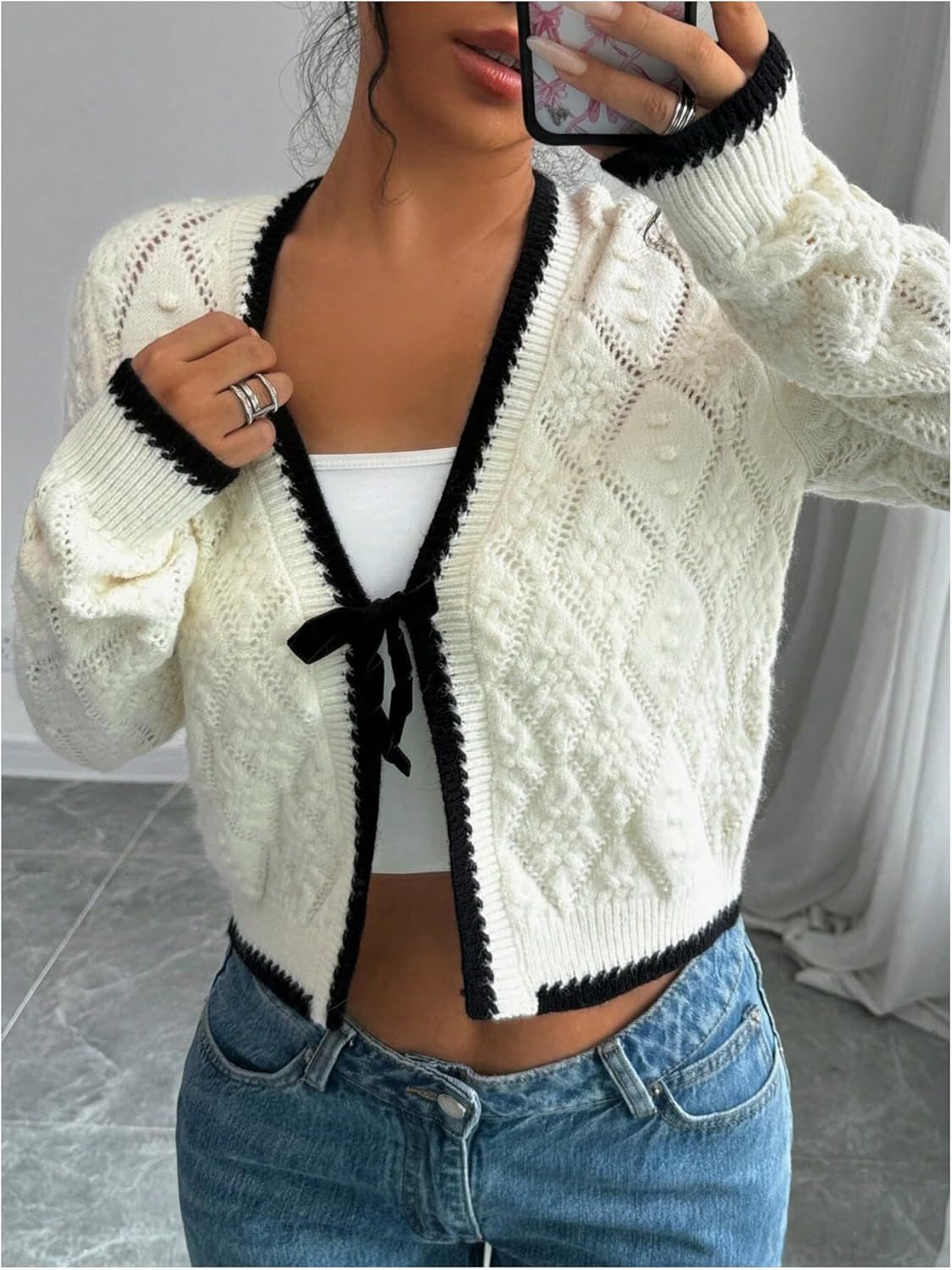 GORGLITTER Women's Tie Front Cropped Cardigan Dressy Fall Sweaters Long Sleeve Knit Crochet Tops - Image 5