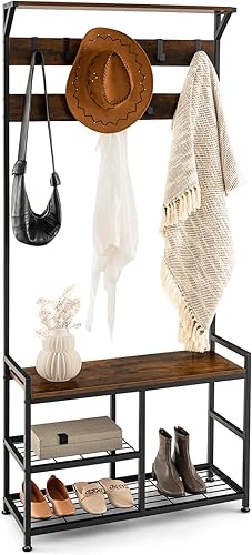 Miniatura 8 de Tangkula Perchero para zapatos, árbol industrial 3 en 1 con banco de almacenamiento y 9 ganchos para colgar, banco de entrada con aspecto de madera