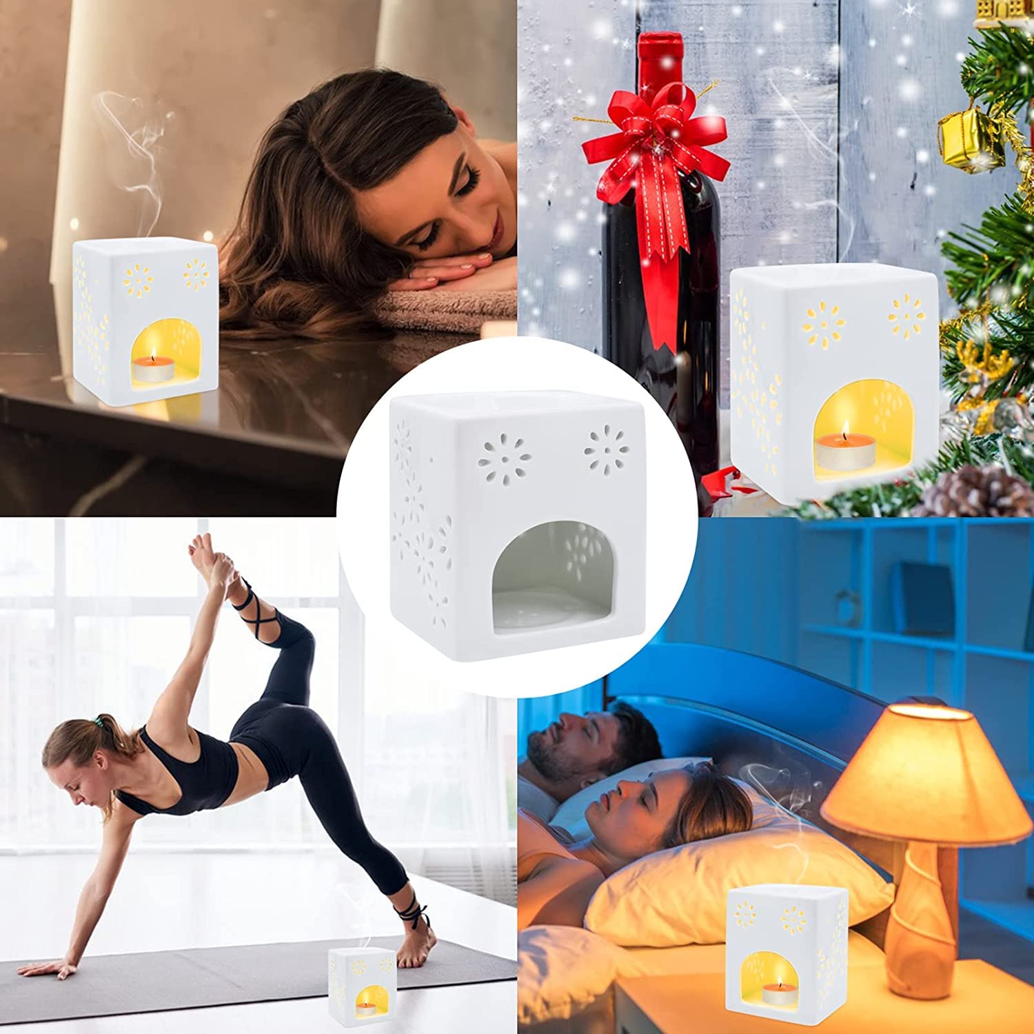 AAPIE Brûleur de Cire en céramique Chauffe-Cire de Bougie carrée avec Motif de Fleur Chauffe-Cire Lampe à Huile Essentielle pour la décoration intérieure Spa Yoga