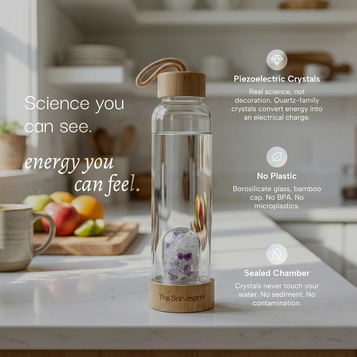 The Schumann Crystal Water Bottle – Clear Quartz, 16 oz Borosilicate Glass, Sealed Piezoelectric Chamber, Bamboo Cap, BPA-Free, Wellness Gift, Swappable Pods