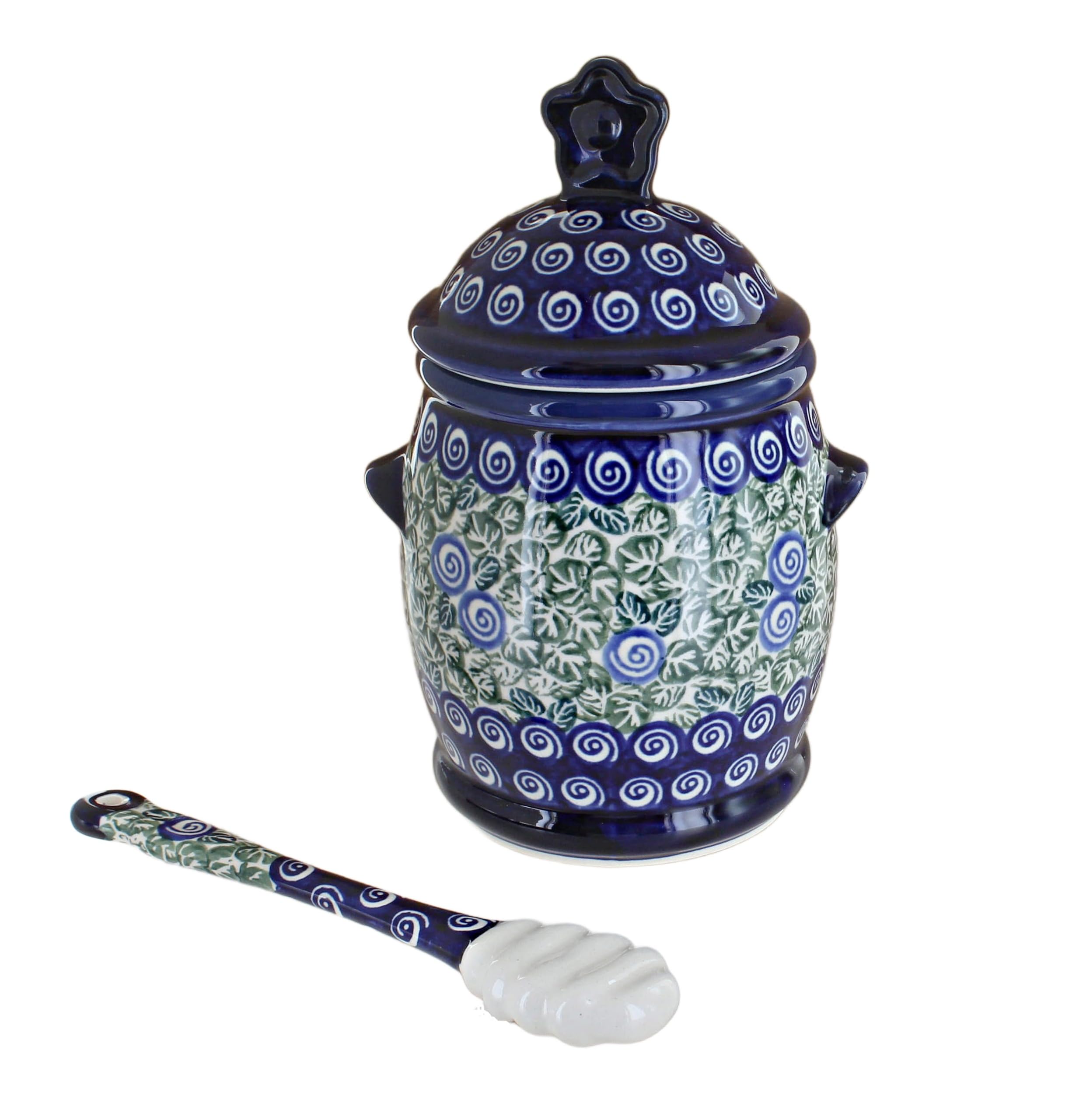 Blue Rose Polish Pottery Seaside Swirl Honey Pot and Dipper