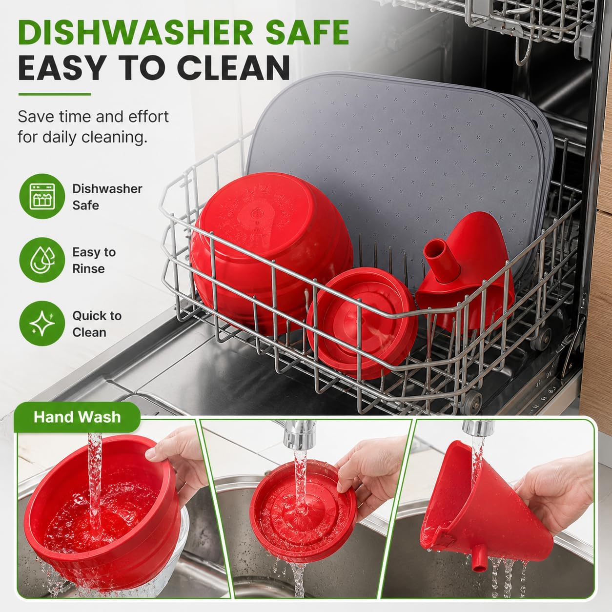 4Pcs Silicone Mixer Accessories for KitchenAid 5 Quart Stand Mixer,including a mixer sliding mat, a collapsible vertical mixer silicone bowl liners with lid, and a silicone flour funne