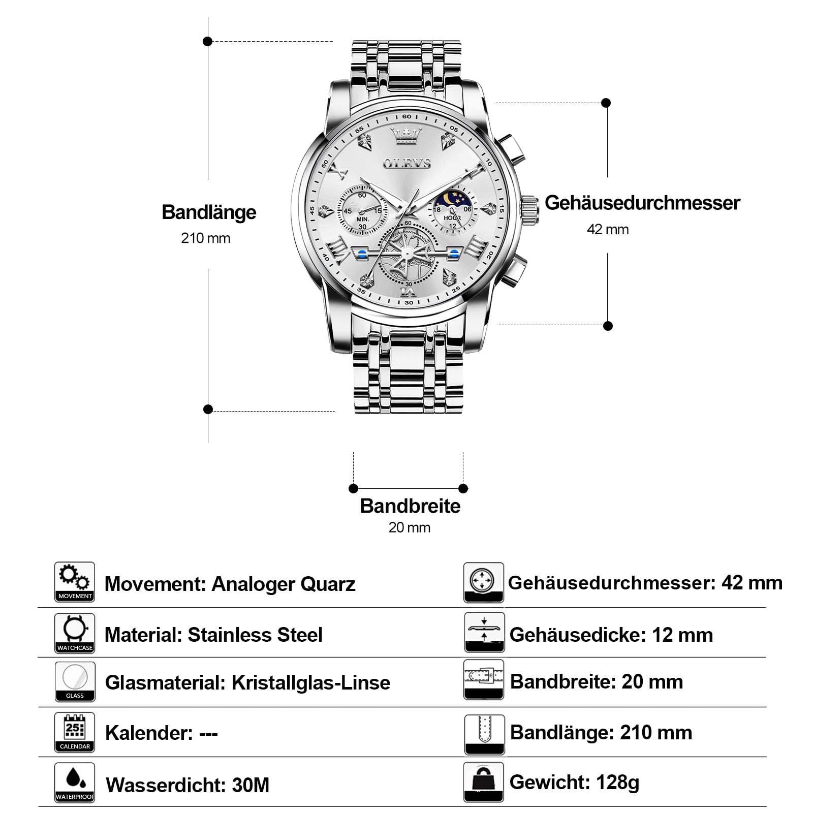 OLEVS Uhren Herren Chronograph Wasserdicht Analog Quarz Uhr Herren Mode Lässig Business Leuchtend Edelstahl Großgesicht Herrenuhr