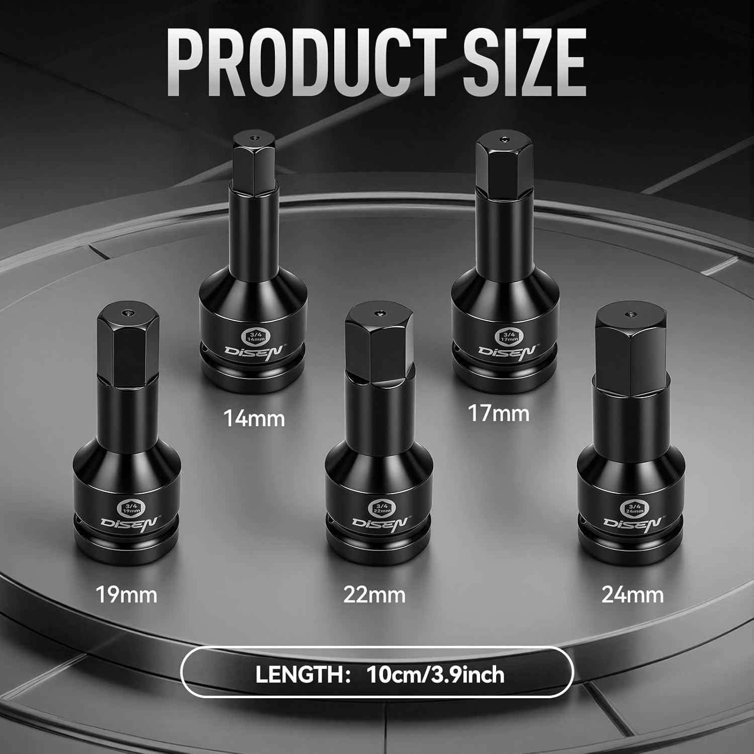 DISEN 3/4 Inch Drive Impact Hex Driver Set, 5-Piece, Metric, 14mm, 17mm, 19mm, 22mm, 24mm, CR-MO Steel, Professional Mechanic Repair 3/4” Hex Socket Set