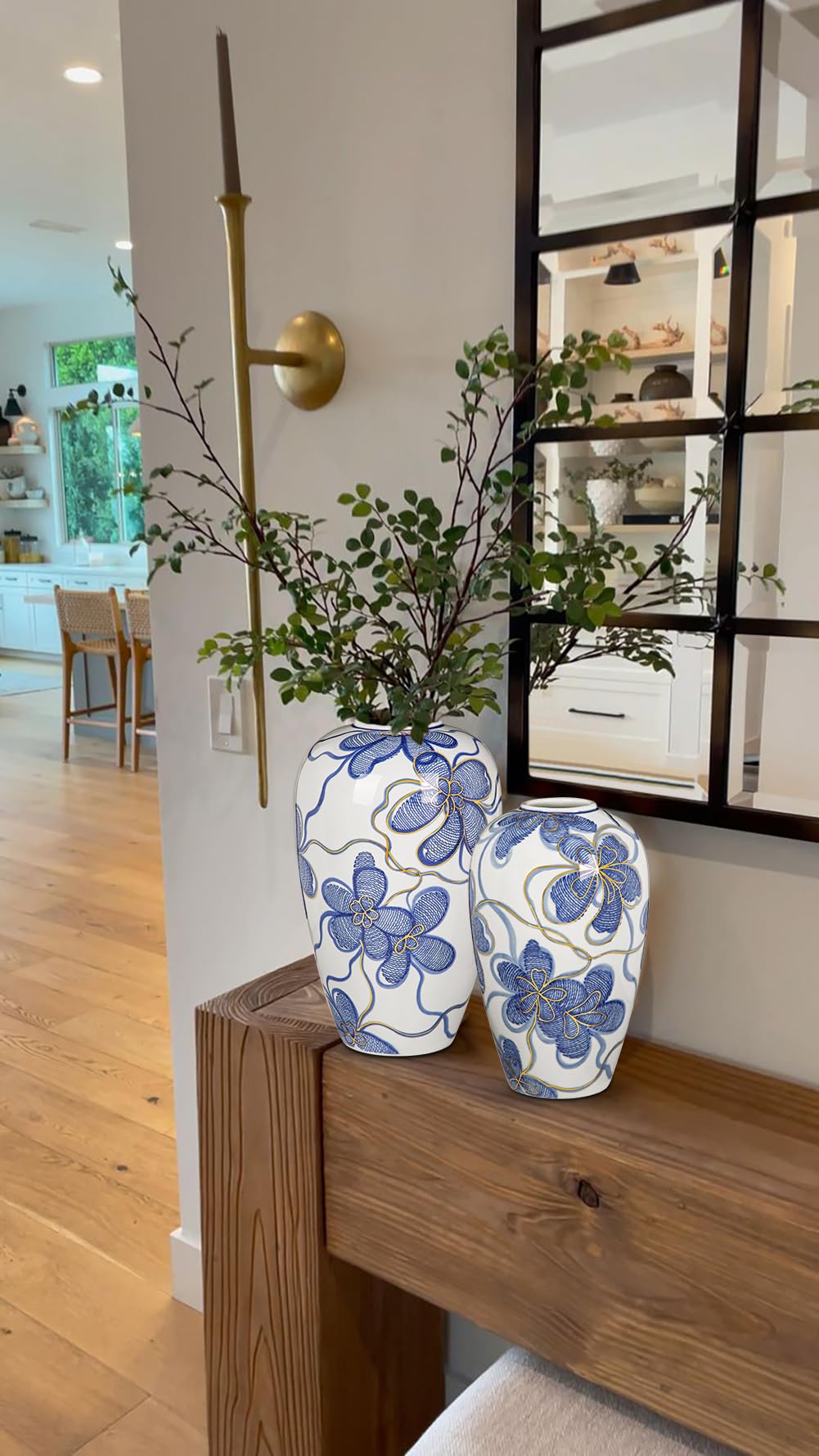 Jarrón de cerámica azul y blanco con adornos dorados, jarrón de flores pintado a mano de estilo asiático, accesorio para el hogar, altura 23 cm, ideal para flores secas, decoración o regalo