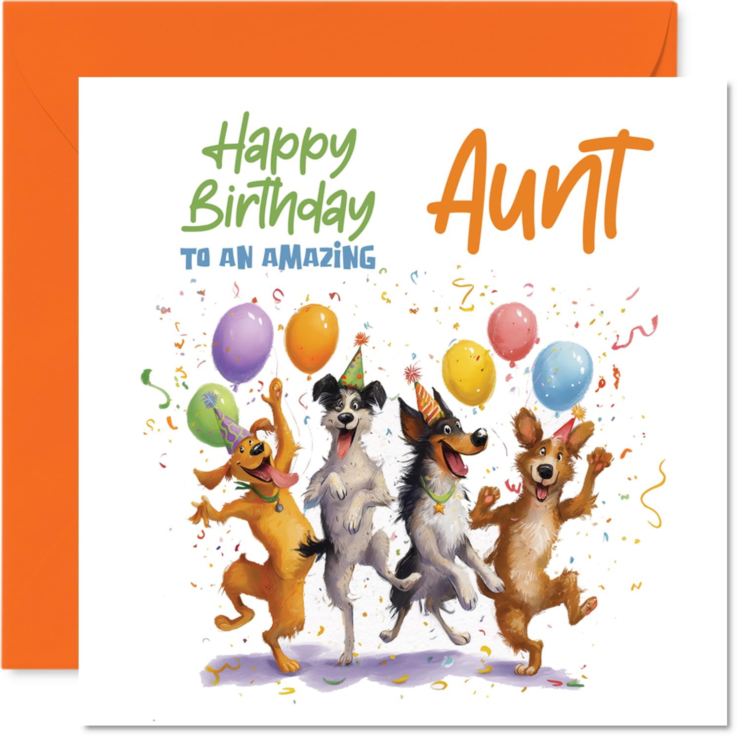 Playful Birthday Card for Aunt - Bursting with Birthday Cheer - Playful Dogs, Balloons and Confetti Design - Sure to Delight Any Dog-loving Aunt - 145mm Square, Envelope Included