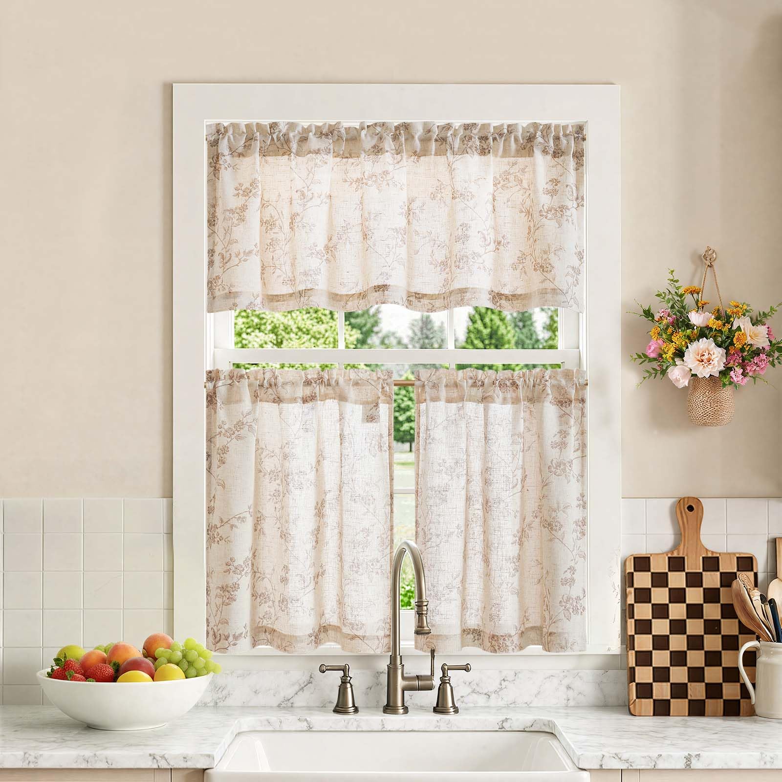 Photo 1 of jinchan Floral Kitchen Curtains Set 24 Inch Length Farmhouse Linen Cafe Curtains and Valance Set for Living Room Bathroom Small Window Treatments Rod Pocket 3 Panels Taupe on Linen