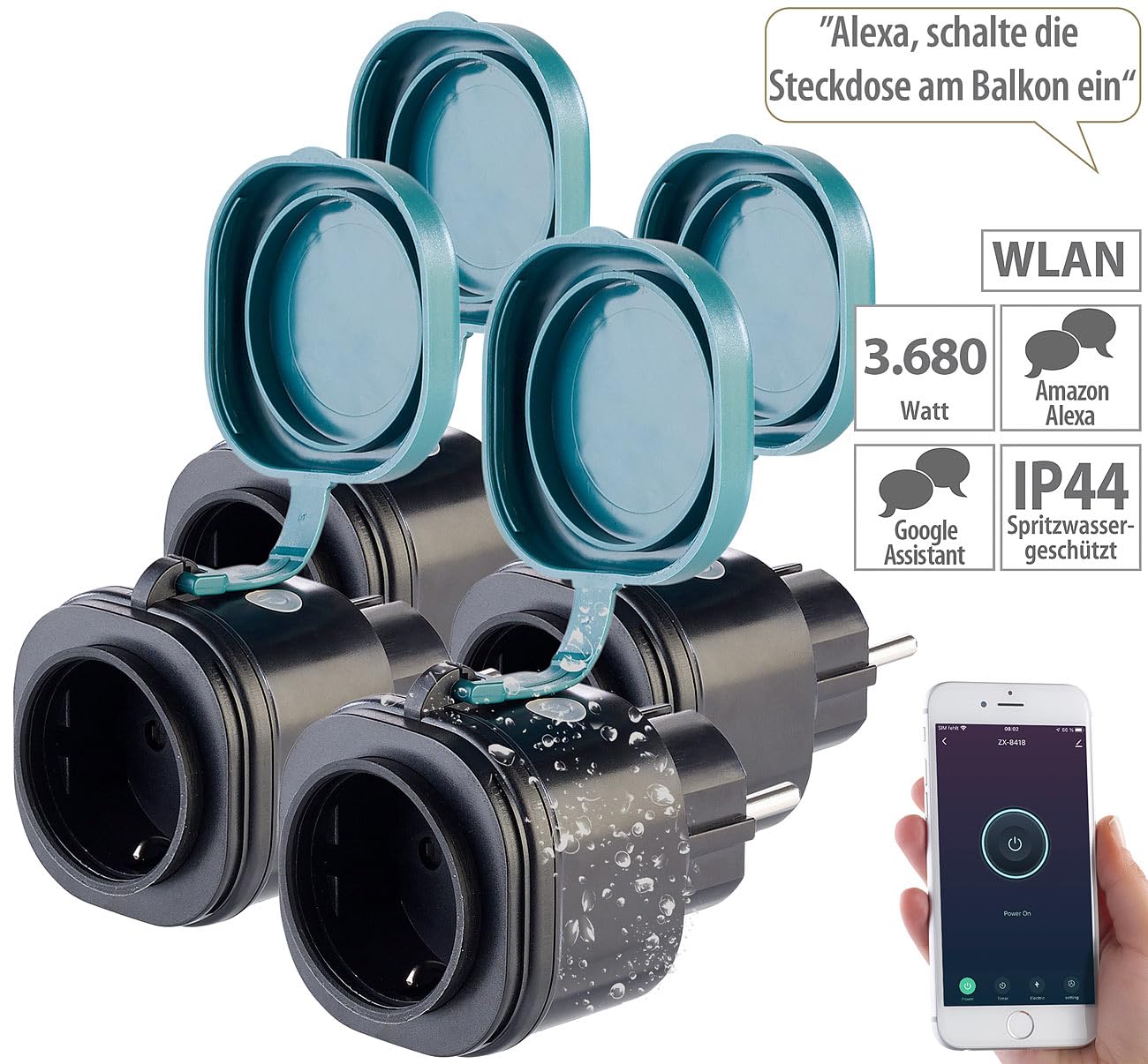 Luminea Home Control Zeitschaltuhr WLAN außen: 4er-Set Outdoor-WLAN-Steckdosen mit Energiekostenmesser, App (WLAN Steckdosen mit Fernbedienung, Steckdosen mit WLAN-Steuerung, Weihnachtsbeleuchtung)