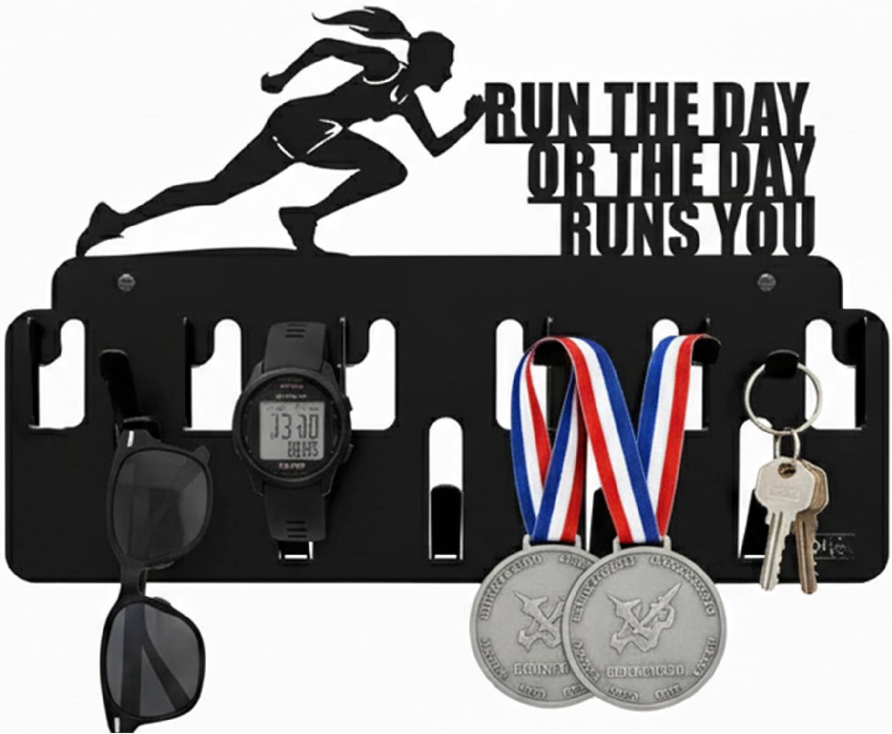 Women’s Running Accessories Wall Organizer – Steel Wall Mount with Hooks for Keys, Sunglasses, Watch & Running Gear – Female Runner Silhouette – Matte Black