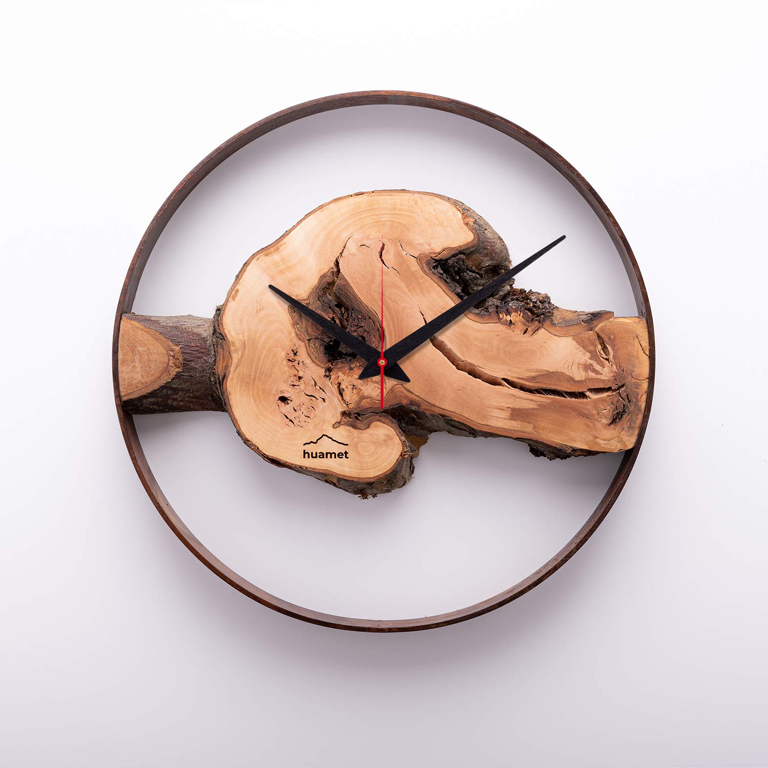 Orologio da Parete in Legno di melo con Anello Metallico arrugginito, WUHRZEL - Pezzo Unico, Silenzioso e Senza ticchettio - Prodotto di Alta qualità Made in Alto Adige - CH70-A-04