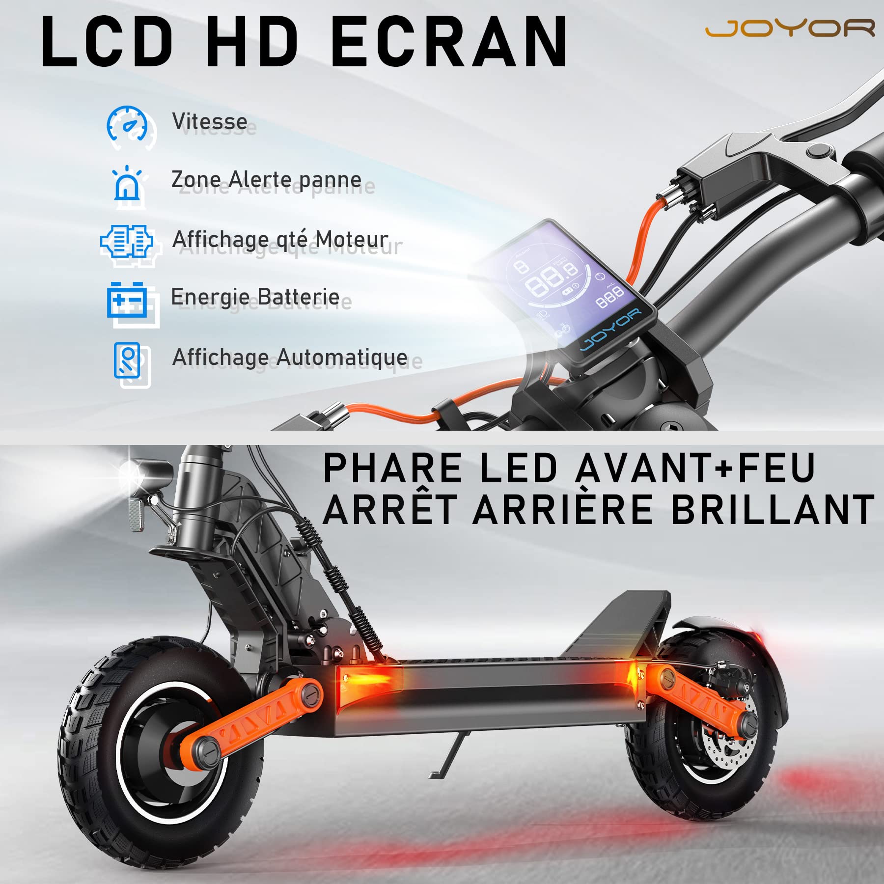 JOYOR Trottinette Electrique Adulte S/T Serie Autonomie 50-90KM Batterie 48/60V 13/18/26Ah Moteur 600W/600W*2/1000W*2 Trotinette Electrique Puissante Tout Terrain Ultra Legere Double Suspension