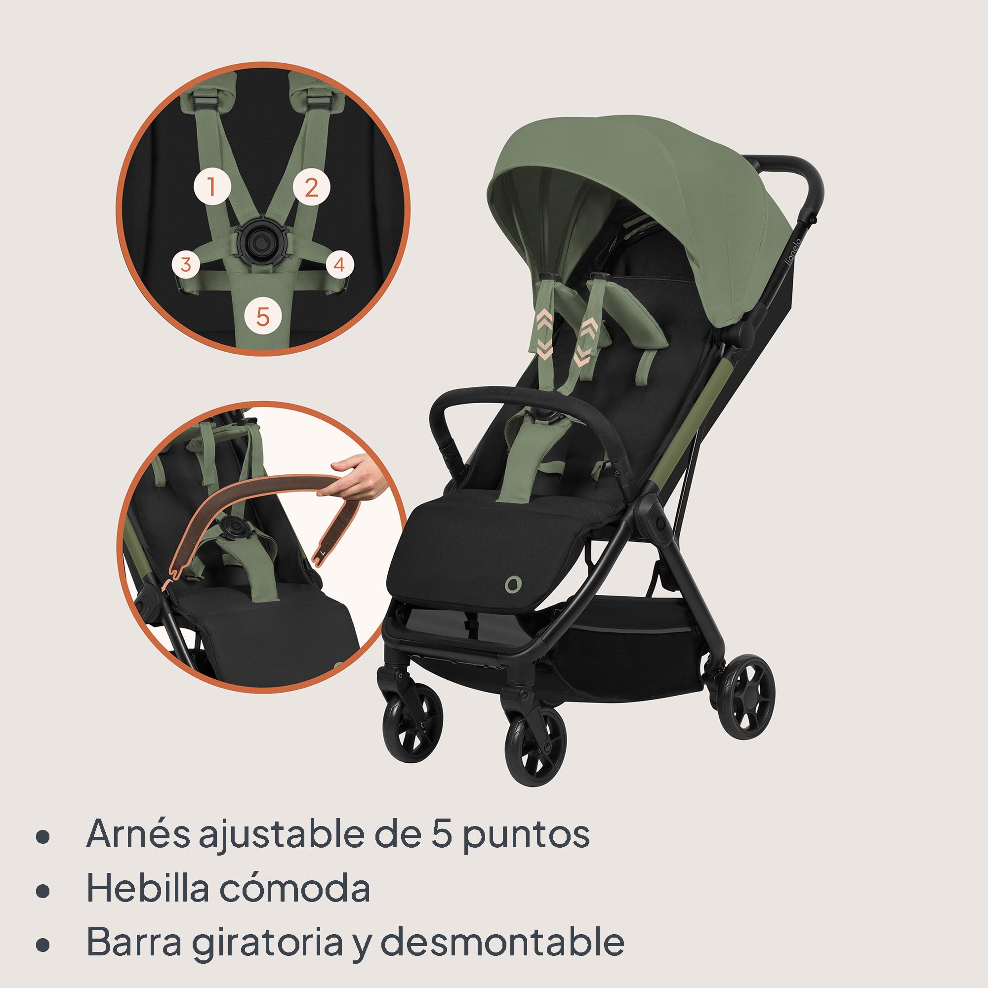 LIONELO Julie Air Carrito Bebe hasta 22 kg de 6 m a 4 años Para Avión Ruedas Giratorias 360° Suspensión Plegable con una Sola Mano Respaldo Ajustable Capota UPF50+, Ligero