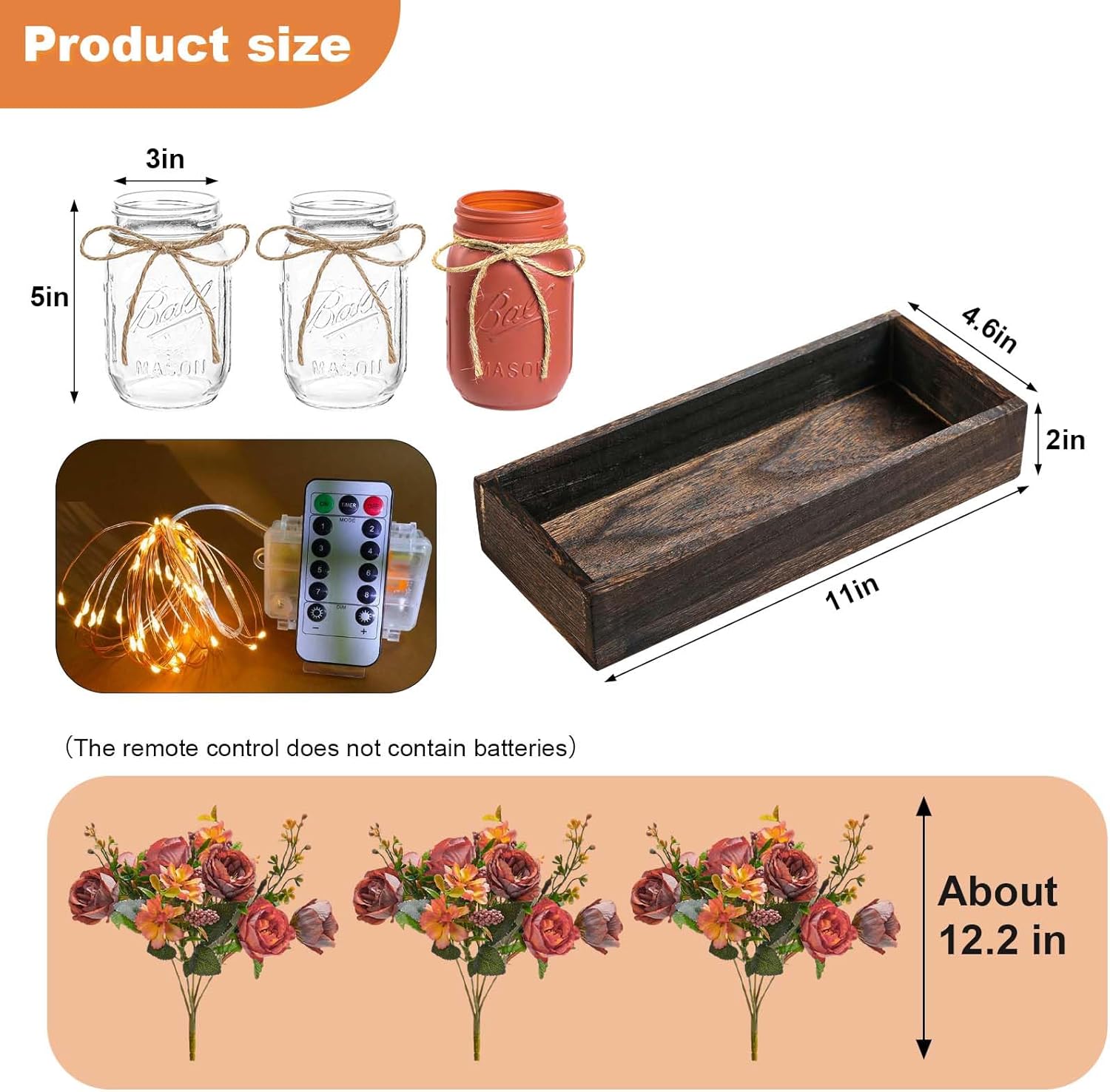 GarveeHome 3 Pcs Mason Jar Centerpiece Table Decorations Fake Flowers Artificial Blue Flowers Rustic Spring Centerpieces Decor with Wood Tray and Light Table Decorations for Home Kitchen Living Room - Image 4