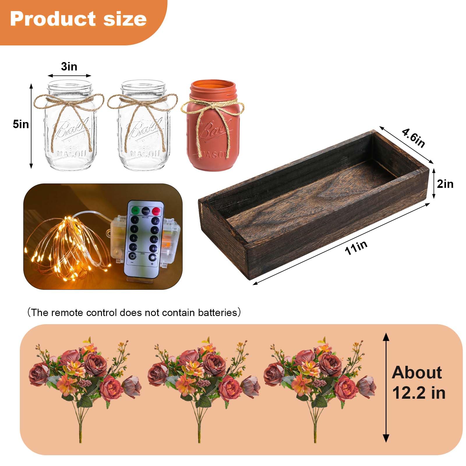 Garvee Set De 3 Centros De Mesa Rústicos LED – Jarrones Mason Jar con Flores Artificiales, Bandeja De Madera – Decoración Elegante para Comedor, Sala, Bodas, Estilo Casa De Campo