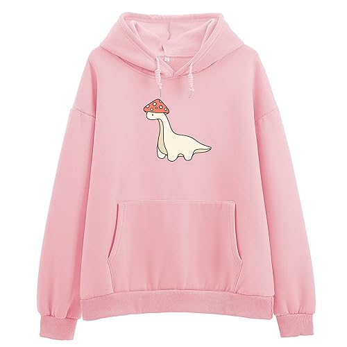 Weetiotio Oversized Cute Mushroom Dino Print Hoodies for Womens Kawaii Cartoon Sweatshirt Teen Girls Cotton Fleece Sweaters - XX-Large - Pink