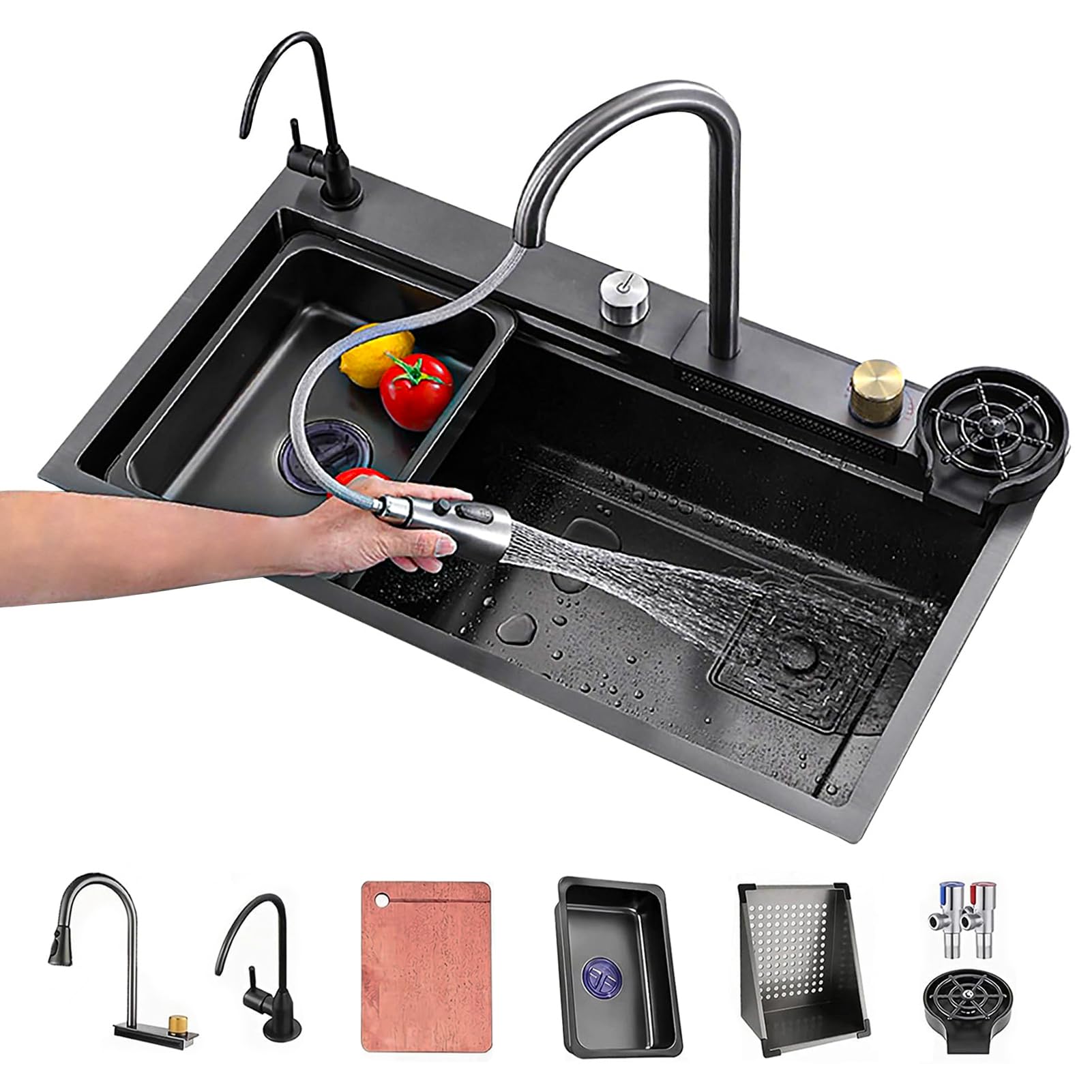 Évier de cuisine monocuve noir anti-rayures évier compact contre taches calcaire
