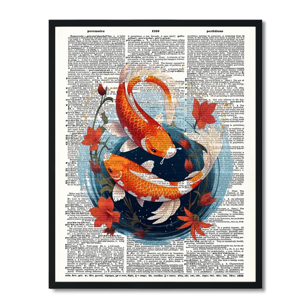 Susie Arts 8X10 Unframed Japanese Koi Fish Happiness Harmony Animal Peace Vintage Dictionary Art Print Boho Farmhouse V772: Posters & Prints