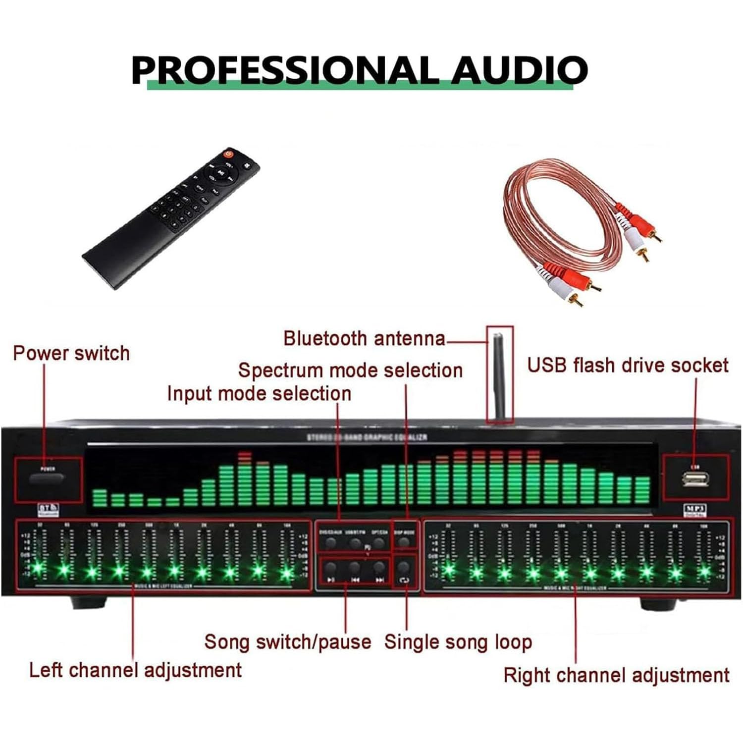 Égaliseur Numérique 31 Bandes, Égaliseur Graphique Audio Stéréo Avec Télécommande, 12 Modes Rythmiques Et Double Réglage Indépendant 10 Segments, Réduction Du Bruit Pour Studio D'enregistrement