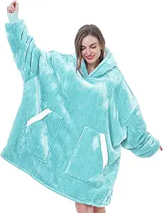 Kipswiza Oversized Wearable Blanket Hoodie Gifts for Mom Women Men, Super Soft Sherpa Fleece Hooded Blankets Sweatshirt for Adult Teens - Aqua