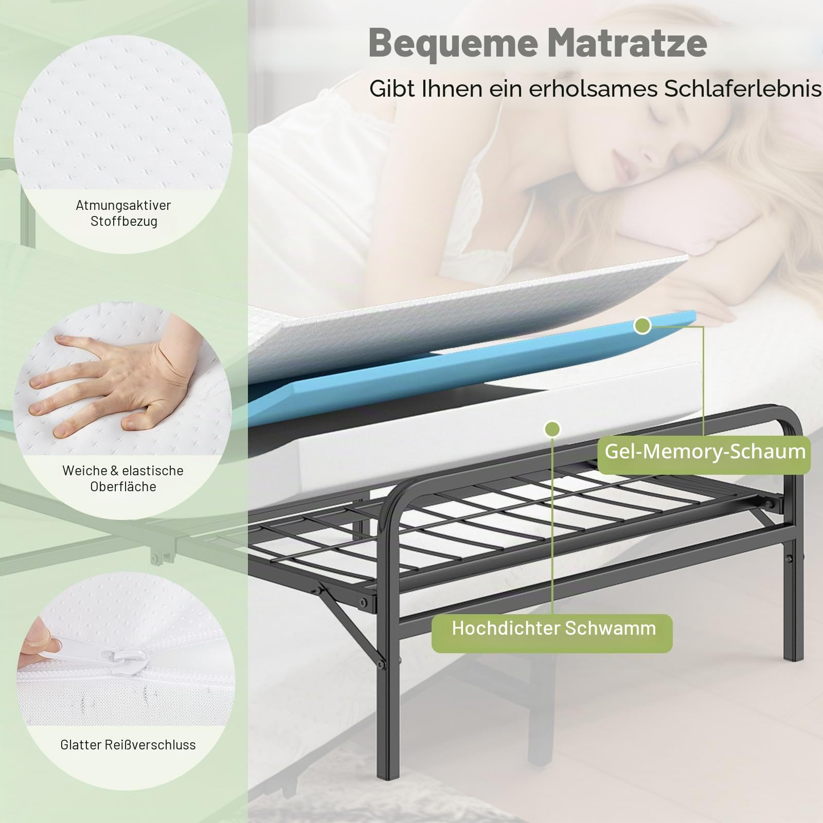 LIFEZEAL 204 x 91 cm Klappbett, Einzelbett mit Matratze, Bettrahmen mit Kopf- und Fußteil, Platzsparendes Gästebett Bett für Gästezimmer und Residenzen