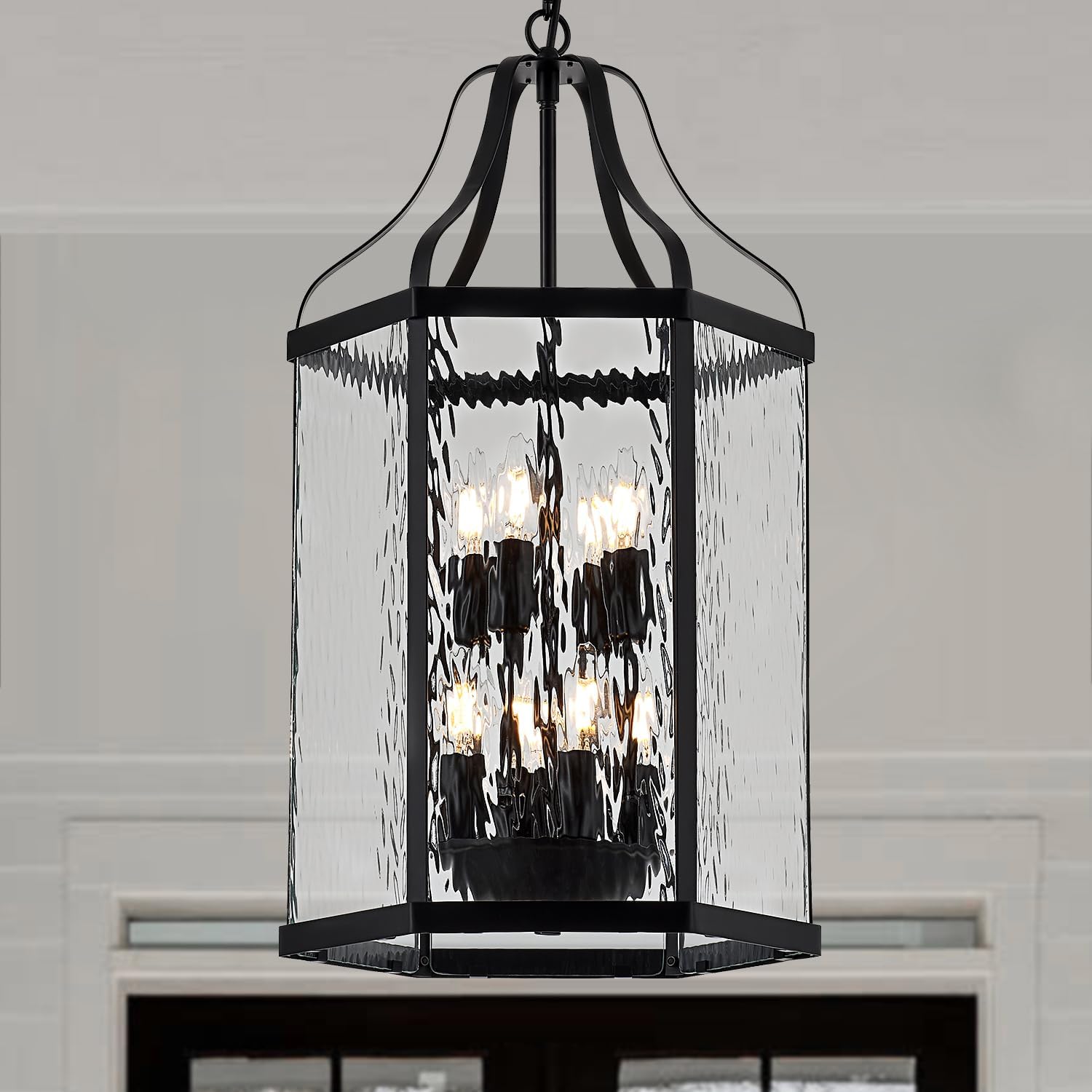 14" Modern 8-Light Exterior Black Lantern Pendant Light Fixture with Clear Rippled Glass Mini Industrial Hanging Cage Chandelier for Outdoor Kitchen Dining Room Hallway Entryway Foyer Porch